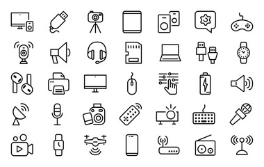 Fototapeta na wymiar Set of 35 device and electronics and technology icons in line style. Device, laptop, phone, computer, internet cables, tablet, monitor, keyboard and communication. Vector illustration.