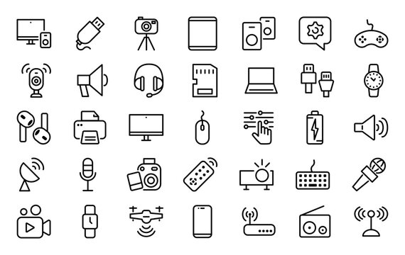 Set of 35 device and electronics and technology icons in line style. Device, laptop, phone, computer, internet cables, tablet, monitor, keyboard and communication. Vector illustration.