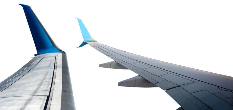 Two commercial airplane wings, isolated on transparent background. Looking through the plane window. photography, png.
