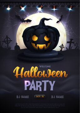Halloween holiday disco party poster with realistic 3D halloween pumpkin. Vector illustration