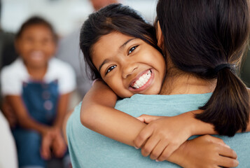 Girl, mother and bonding hug in house or home living room in trust, support or security embrace....