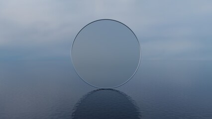 3d render, abstract minimal blue background with simple geometric round shape. Silver disk above the water, ripples and reflection