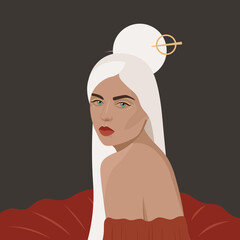 Beautiful girl with bright eye makeup. Long white hair, red dress