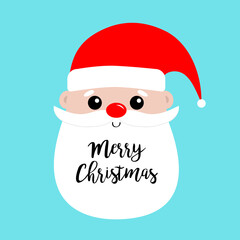Merry Christmas. Santa Claus face head icon. Big red hat. Red nose. New Year. Moustaches, round beard, brow. Cute cartoon funny kawaii baby character. Flat design. Blue background.