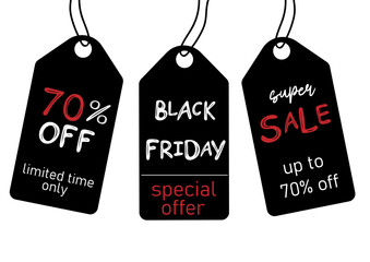 Set of Black Friday Sale labels or tags. Modern minimal design. Template for promotion, advertising, web, social and fashion ads. Vector illustration