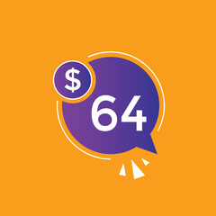 64 dollar price tag. 64$ dollar USD price symbol. price 64 Dollar sale banner in USD. Business or shopping promotion marketing concept
