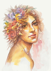 portrait of a woman with flowers watercolors for card illustration background