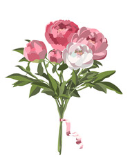 Bouquet of five pink and white peonies in light flat style