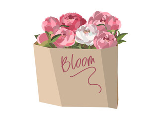Bouquet of pink peonies in a box