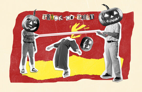 Contemporary art collage. People, men and woman playing trick or treat game with creepy images of pumpkin head