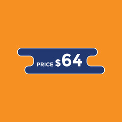 64 dollar price tag. Price $64 USD dollar only Sticker sale promotion Design. shop now button for Business or shopping promotion
