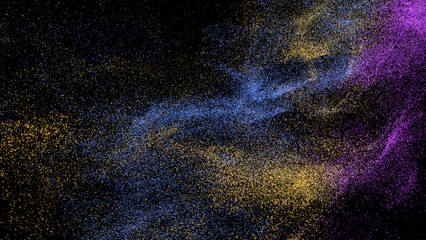 3D rendering of colorful dust and particles on black background; A form of simple abstract art for background, template, etc 