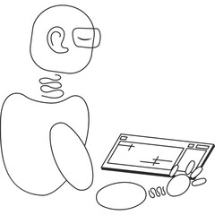 The robot types text on the keyboard. Isolated illustration on transparent background