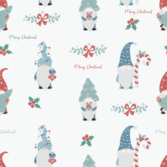 Christmas Seamless pattern with cute scandinavian gnomes with striped caramel stick and Christmas tree with toys balls on white background with New Years mistletoe. Vector illustration. cartoon style.