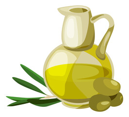 Olive oil glass bottle with green berries. Fresh virgin organic salad dressing