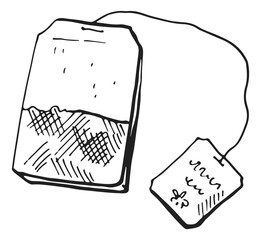Tea bag sketch. Paper label sack with leaves