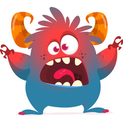 Funny cartoon monster waving hands. Halloween design. Vector illustrationof alien character