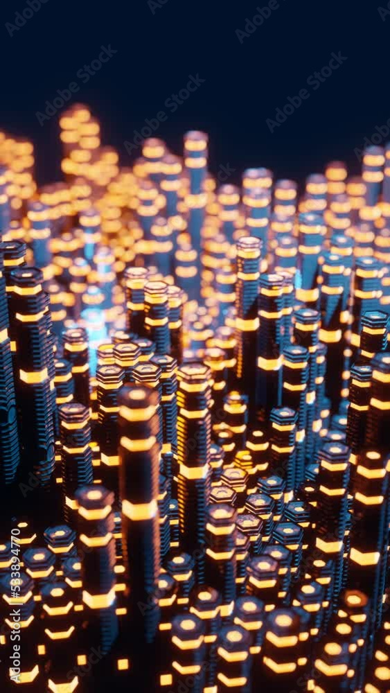 Poster Vertical 3D rendered loop video with moving hexagonal columns in neon glowing light background. Abstract blue and orange technologic seamless looped animation. Hyperrealistic dimensional geometrical p