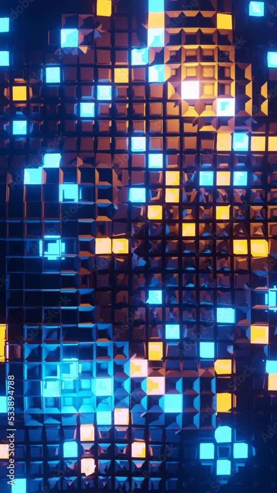 Aufkleber Vertical 3D rendered loop video with moving cubes waves in neon glowing light background. Abstract blue and orange technologic seamless looped. Hyperrealistic dimensional geometrical patterned visual