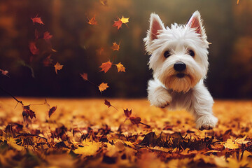 3d illustration of happy westie puppy jumping autumn forest with leaves falling - obrazy, fototapety, plakaty