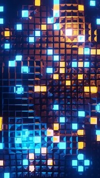 Vertical 3D rendered loop video with moving cubes waves in neon glowing light background. Abstract blue and orange technologic seamless looped. Hyperrealistic dimensional geometrical patterned visual