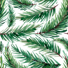 Watercolor illustration. Christmas winter seamless pattern from fir branches on nambel background. Pattern for background, fabric, paper, etc.