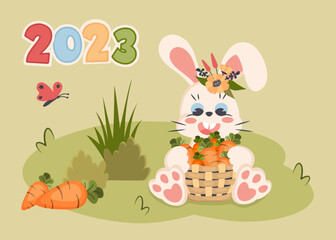 Calendar 2023 cover. Horizontal planner with happy cute bunny. Cartoon rabbit character holding basket of carrots.  Vector flat illustration