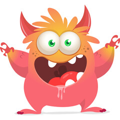 Funny cartoon monster waving hands. Halloween design. Vector illustrationof alien character