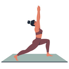 Young woman does yoga, stretching on yoga mat. Beautiful girl in sportswear working on fitness, stretches. Vector flat illustration for pilates, web, app, healthy lifestyle, online training