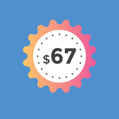 67 dollar price tag. Price $67 USD dollar only Sticker sale promotion Design. shop now button for Business or shopping promotion
