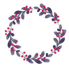 Fototapeta premium Watercolor Christmas wreath. Greenery branches, flowers and red berries. Isolated on white background