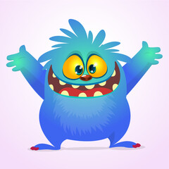 Funny cartoon monster waving hands. Halloween design. Vector illustrationof alien character