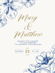 Wedding invitation in vintage engraving botanical style. Vector floral illustration.