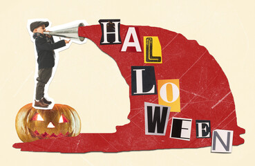Contemporary art collage. Little boy shouting in megaphone about halloween season, standing on pumpkin