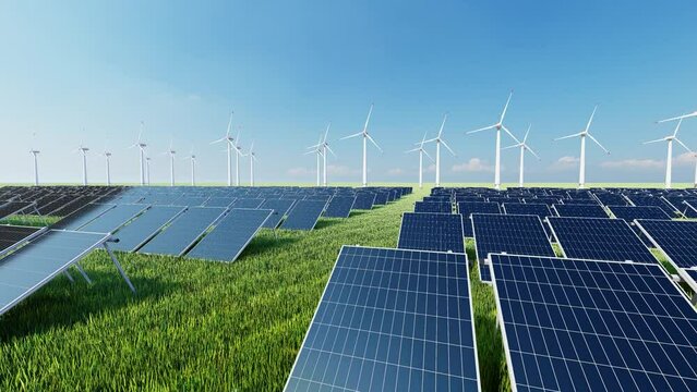 Solar power plant and windmills. Renewable energy, green tech. Green energy, renewable energy concept.