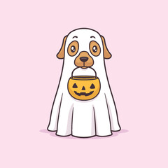 Dog in ghost Halloween trick or treat costume carrying pumpkin shaped candy box vector cartoon illustration