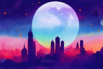 Watercolor retrowave metropolis at midnight, cyber twilight neon full moon glow behind tall skyscraper buildings and apartments. Calm peaceful blue and city light purple pink hues.