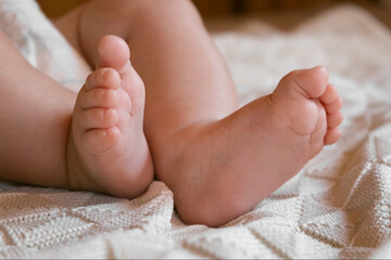 Baby Legs Close up on White Blanket. Healthy Newborn Feet. Warm Sunlight. Beautiful Shot of Infant's Small Feet on a Light Background. Early age children development. Authentic Candid Lifestyle.