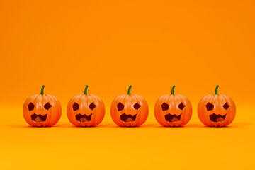 Pumpkins standing in a row. 3d illustration.