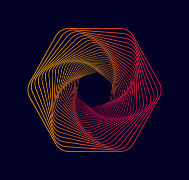 Vector abstract gradient spirals isolated on dark background. Vector illustration of sacred geometry.
 Twisted colored spirals. Spiral tunnels in the shape of a hexagon.
Wireframe  shape.
Design logo