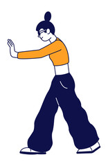 Obraz premium Pushing woman. Girl in wide pants standing. Side view