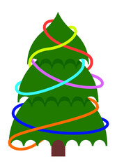 Fir tree in colorful ribbons. Christmas traditional decoration