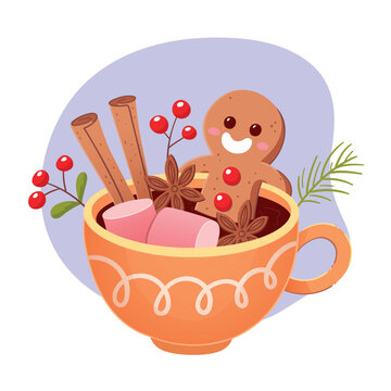 Smiling gingerbread man bathing in a cup of chocolate with marshmallows, star anises and cinnamon bars. Christmas candies collection. Cartoon vector illustration.