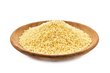 pile of sorghum or sorghum grain, millet grain or millet seed in wood plate isolated on white background                                                  