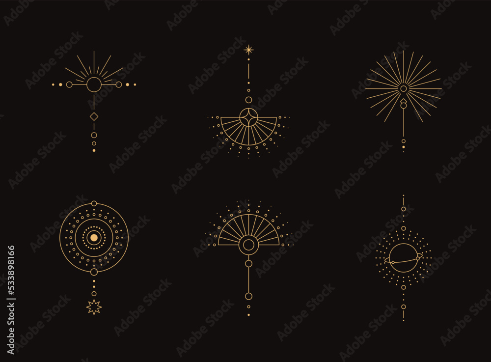 Wall mural set of moon and sun line art. minimal boho linear symbols. celestial mystic element. vector line art