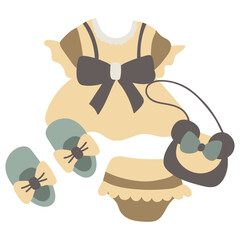 Cute dress with sandals, purse and panties for baby. White background, isolate. vector illustration.	