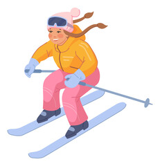 Girl skiing on slope. Active child character outdoor