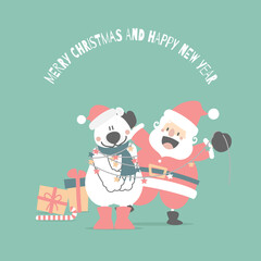 merry christmas and happy new year with cute santa claus and white polar bear, snowflake, star in the winter season green background, flat vector illustration cartoon character costume design