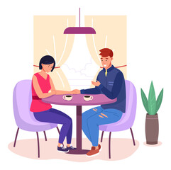 Man and woman sitting at table in cafe. Romantic date