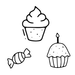 Funny birthday cupcake with candle and candy. Doodle vector illustration isolated on white